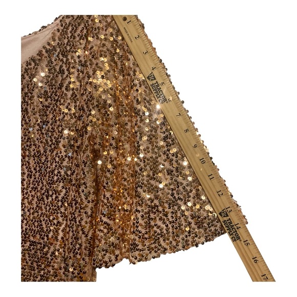 Gold Sequin Party Blouse Boat Neck 3/4 Disco Bell Sleeve Slightly Crop Relaxed - Picture 7 of 11